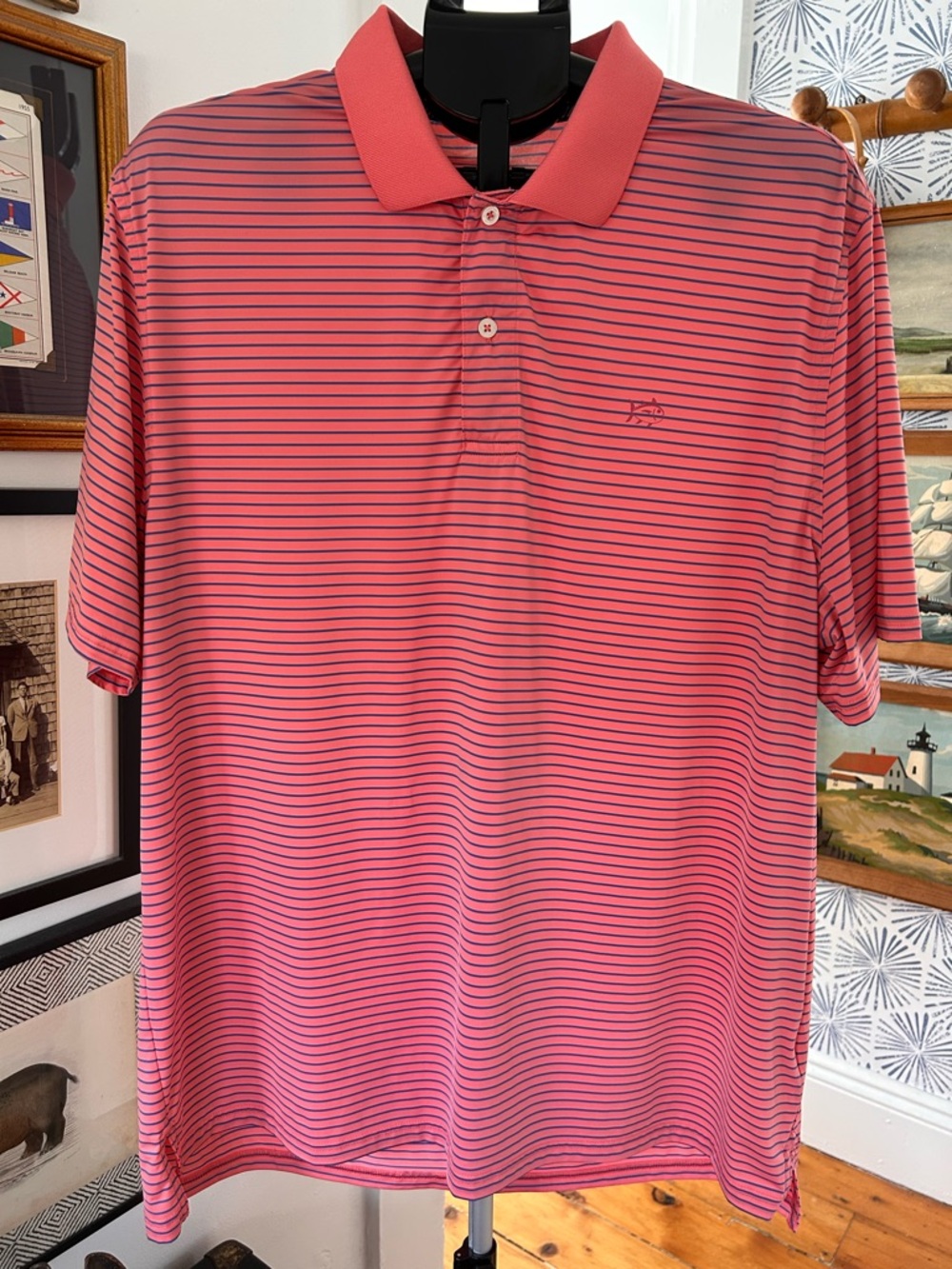 Men's Southern Tide Performance Pink Striped Polo Shirt - Short Sleeve